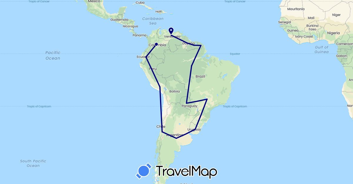 TravelMap itinerary: driving in Chile, Colombia, Uruguay (South America)